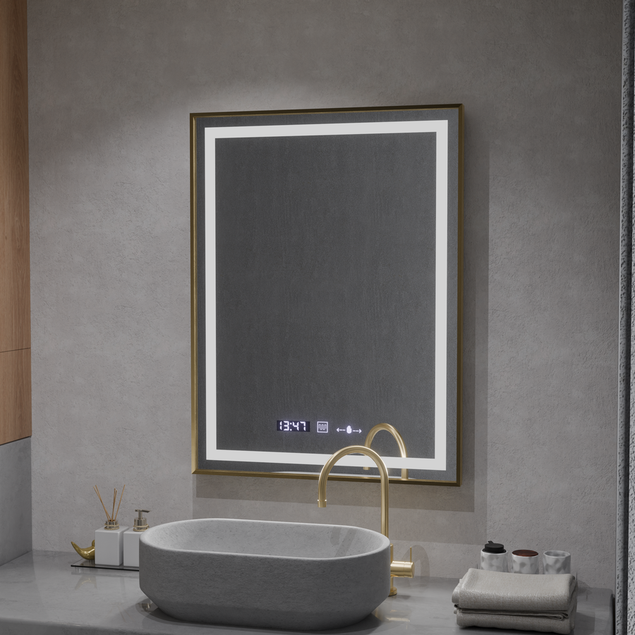 Rectangular LED mirror, 60x80cm, Verite Royale Gold MotionGlow Marcello, Demister System, Clock & Thermometer, Dimmable