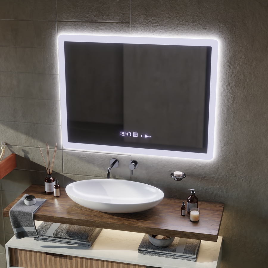 Rectangular LED mirror, 80x60cm, Zampa MotionGlow Marcello sensor, De-fogging system, Clock & Thermometer, Dimmable