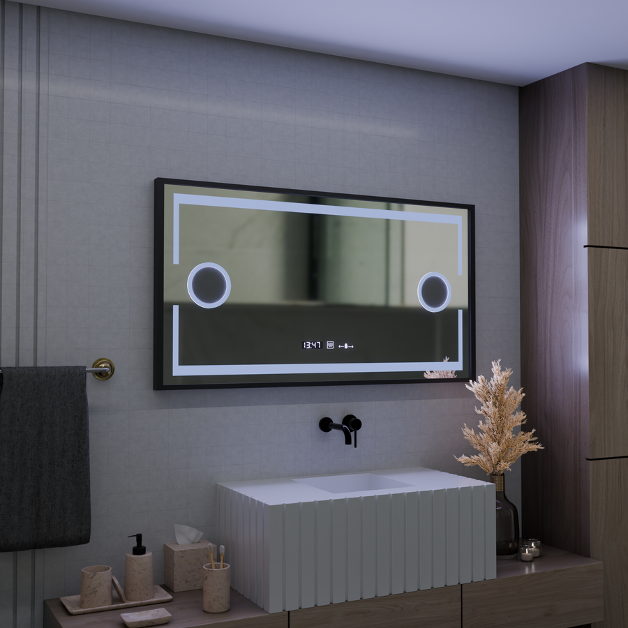 Domingo MotionGlow Sensor LED Mirror with Defog Function Thermometer Clock 120x65 cm Dimmable Cold/Warm/Neutral Light, Brushed Black Frame, Marcello Funghi collection