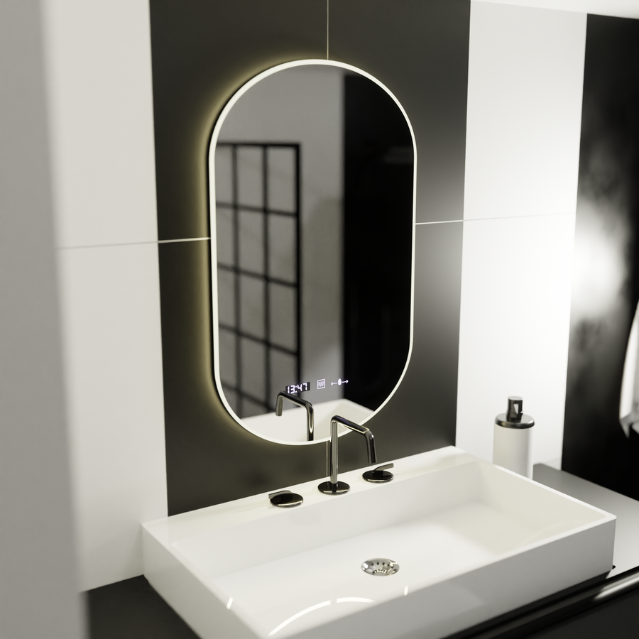 Oval LED Mirror, 50x100cm, Lucia Sensor Marcello, Demister System, Clock & Thermometer, Dimmable
