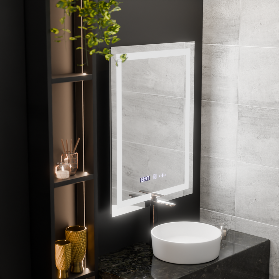 Rectangular LED mirror, 60x80cm, Verite MotionGlow Marcello, Demister System, Clock & Thermometer, Dimmable