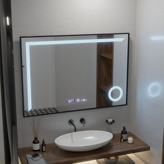 LED mirror MotionGlow Sofia sensor with defogging function Thermometer Clock 110x75 cm Dimmable Warm/Cold/Neutral Light, Brushed Black Frame, Marcello Funghi Collection Marcello Mirrors Default Title Alessandro Design