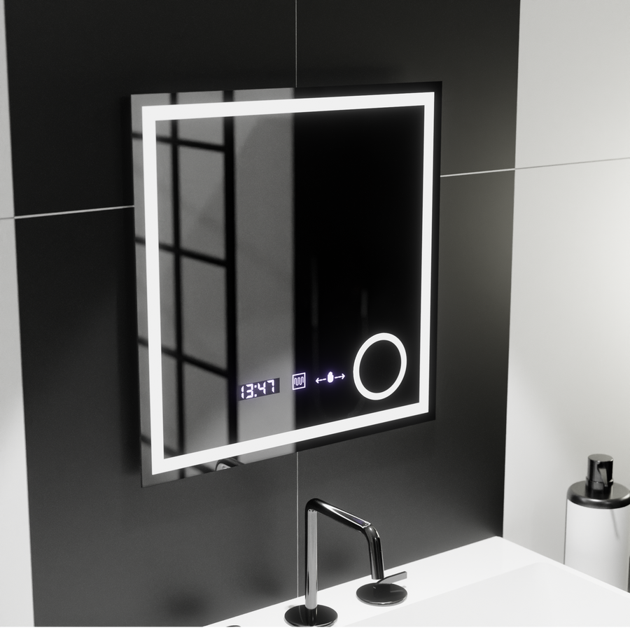 Rectangular LED Mirror, 60x60cm, Souverain MotionGlow Marcello, Demister System, Clock & Thermometer, Cosmetic Magnifier, Dimable
