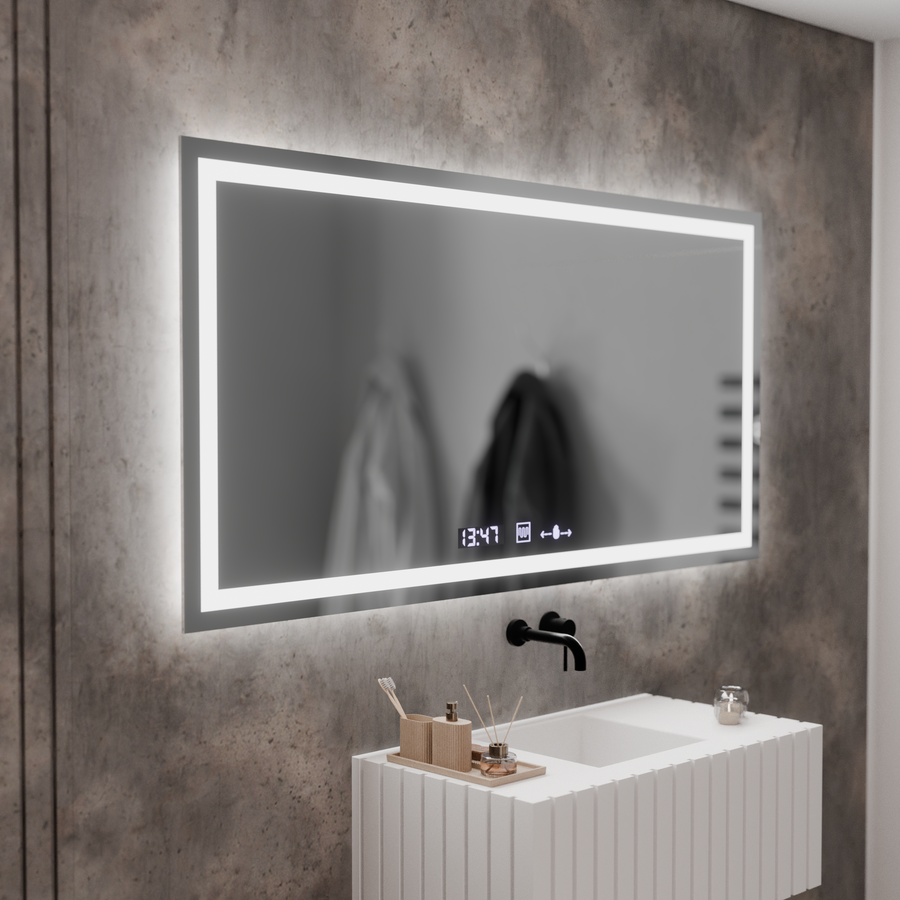 Rectangular LED mirror, 120x60cm, Verite MotionGlow Marcello, Demister System, Clock & Thermometer, Dimmable