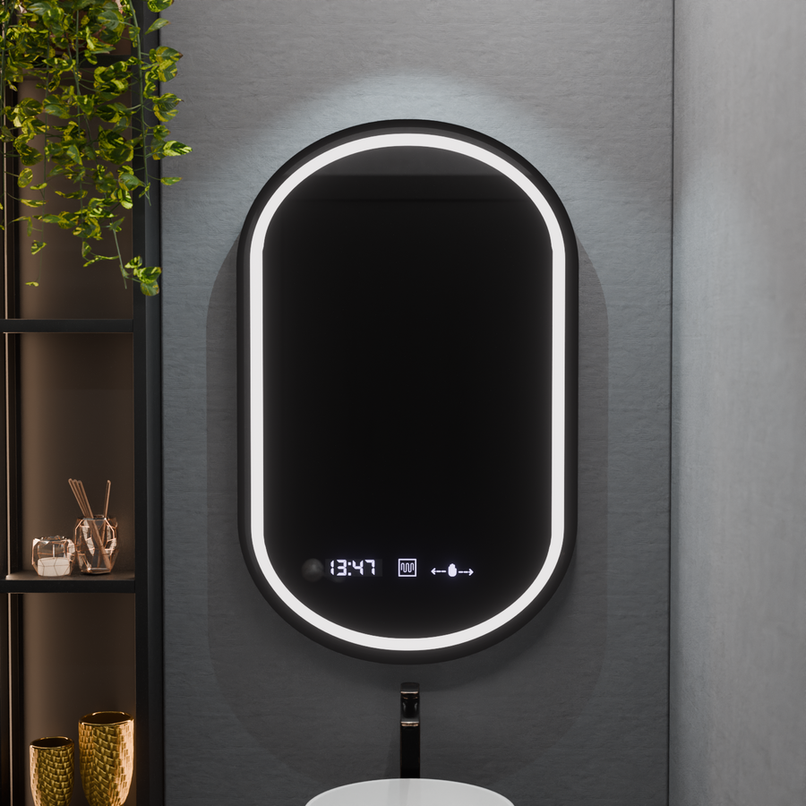 Oval LED mirror, 50x80cm, Alessia MotionGlow Marcello, Demister System, Clock & Thermometer, Dimmable