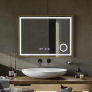 Rolf Touch LED Mirror Defog System, Clock and Temperature 80x60 cm Brushed Gold Frame Cosmetic Magnifier