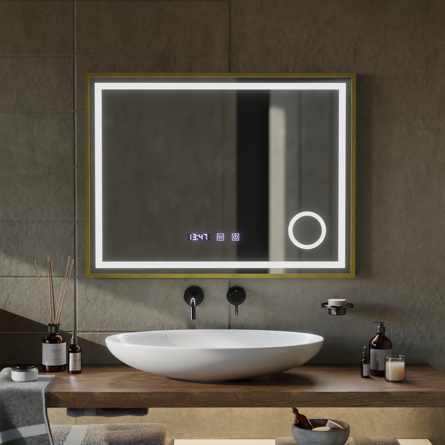 CLARUS Touch LED Mirror De-fogging System, Clock and Temperature 80x60 cm Brushed Gold Frame Cosmetic Magnifier