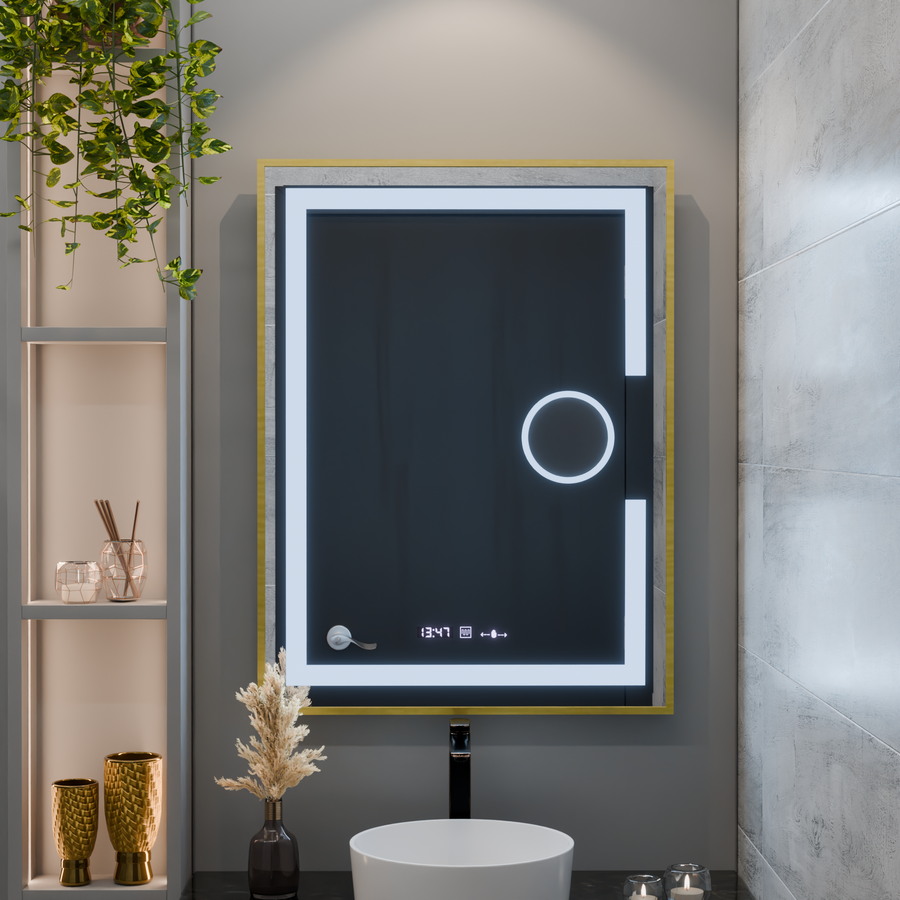 Rectangular LED mirror, 60x80cm, Eclat MotionGlow Marcello, Demister System, Clock & Thermometer, Cosmetic Magnifier, Dimable, Brushed Gold Frame