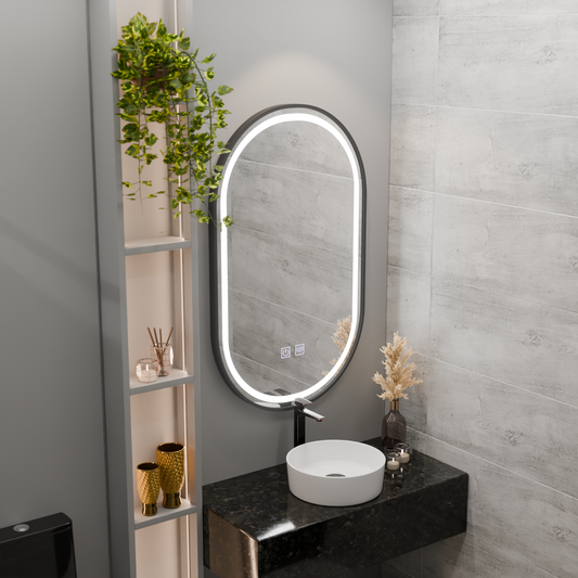 LED Oval Mirror 50x100cm VETRO Touch Dimmable Demister System, Black Frame