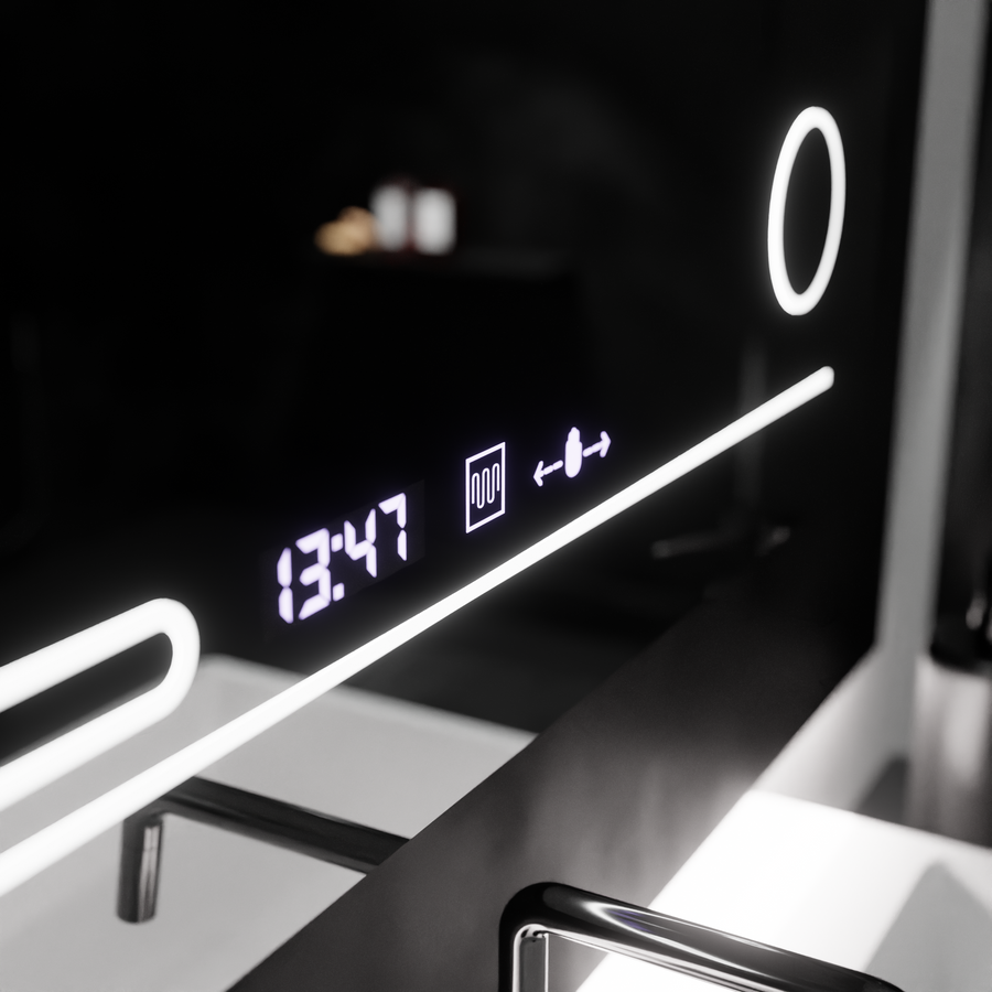 The rectangular LED mirror 80x60cm Fortaleza MotionGlow Marcello Defrosting System Thermometer and Cosmetic Wolf Clock