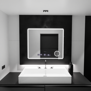 Rectangular LED Mirror, 90x75cm, Riflesso MotionGlow Marcello, Demister System, Clock & Thermometer, Cosmetic Magnifier, Dimable