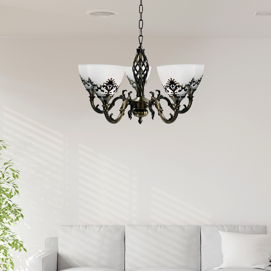 Rustic COTTAGE Chandelier, 5*E27, Antique Bronze, Metal and Glass