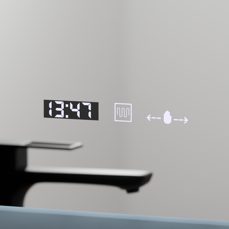 Rectangular LED mirror, 50x70cm, Zampa MotionGlow Marcello sensor, De-fogging system, Clock & Thermometer, Dimmable
