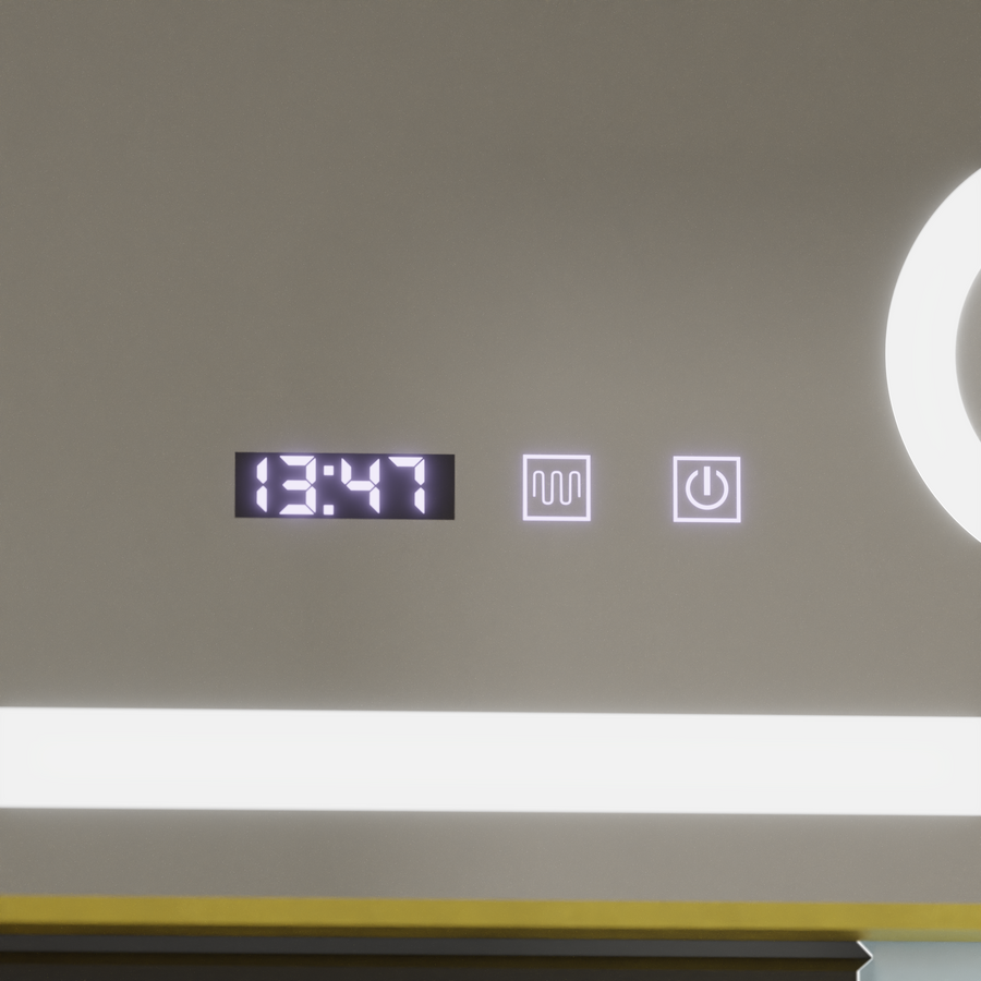 CLARUS Touch LED Mirror De-fogging System, Clock and Temperature 80x60 cm Brushed Gold Frame Cosmetic Magnifier