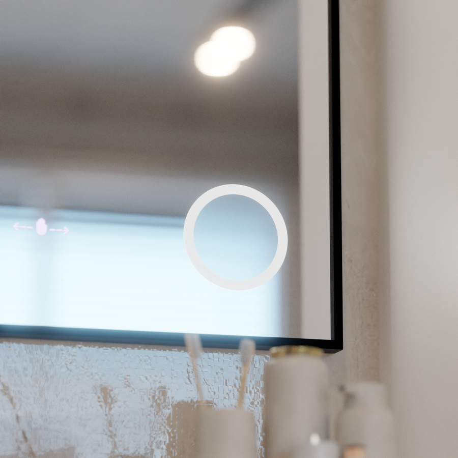 LED Mirror Francesca MotionGlow Sensor 80x60 cm Warm/Cold/Neutral Light Dimmable Frame Black Brushed Demisting System Thermometer Clock Marcello Funghi Collection