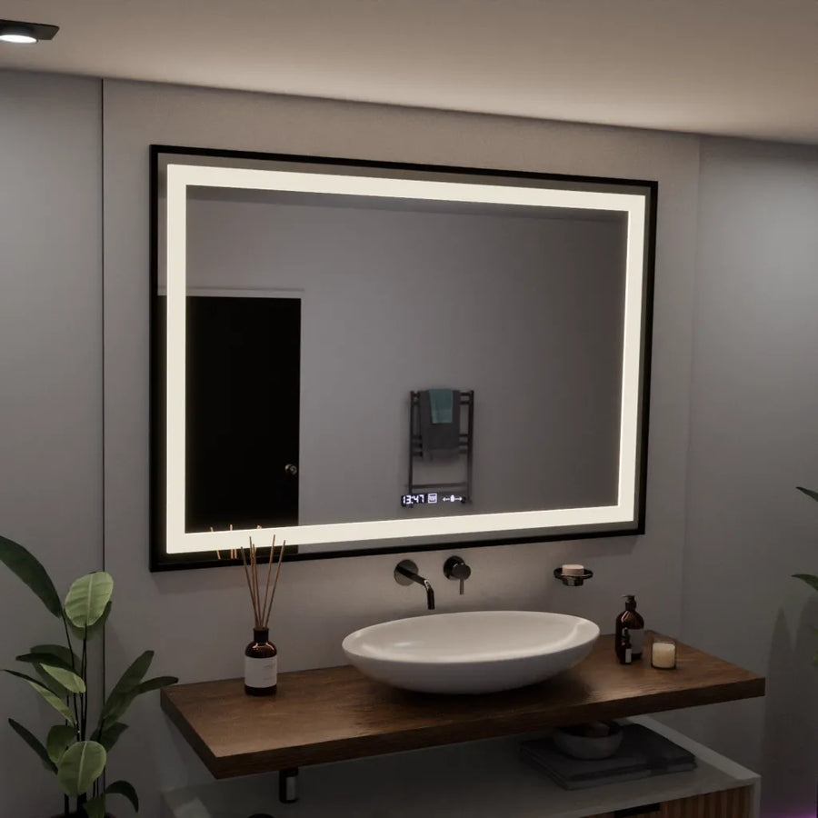 Rectangular LED Mirror, 100x70cm, Verite Majeste Noir Motion Glow Marcello, Demister System, Clock & Thermometer, Dimmable