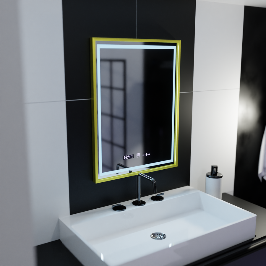 Rectangular LED mirror, 50x70cm, Verite Royale Gold Motion Glow Marcello, Demister System, Clock & Thermometer, Dimmable
