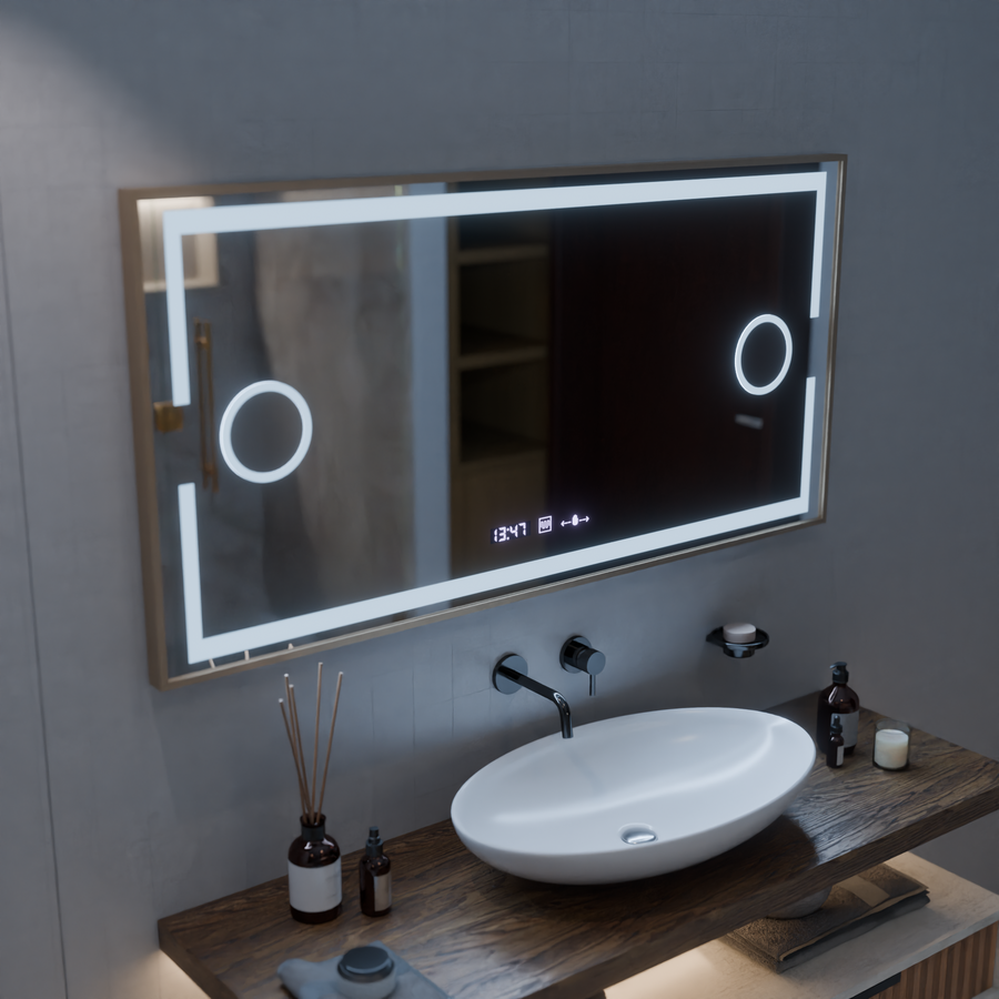 Isabell MotionGlow Sensor LED Mirror with Defog Function Thermometer Clock 120x80 cm Dimmable Warm/Cool/Neutral Light, Rose Gold Brushed Frame, Marcello Funghi Collection