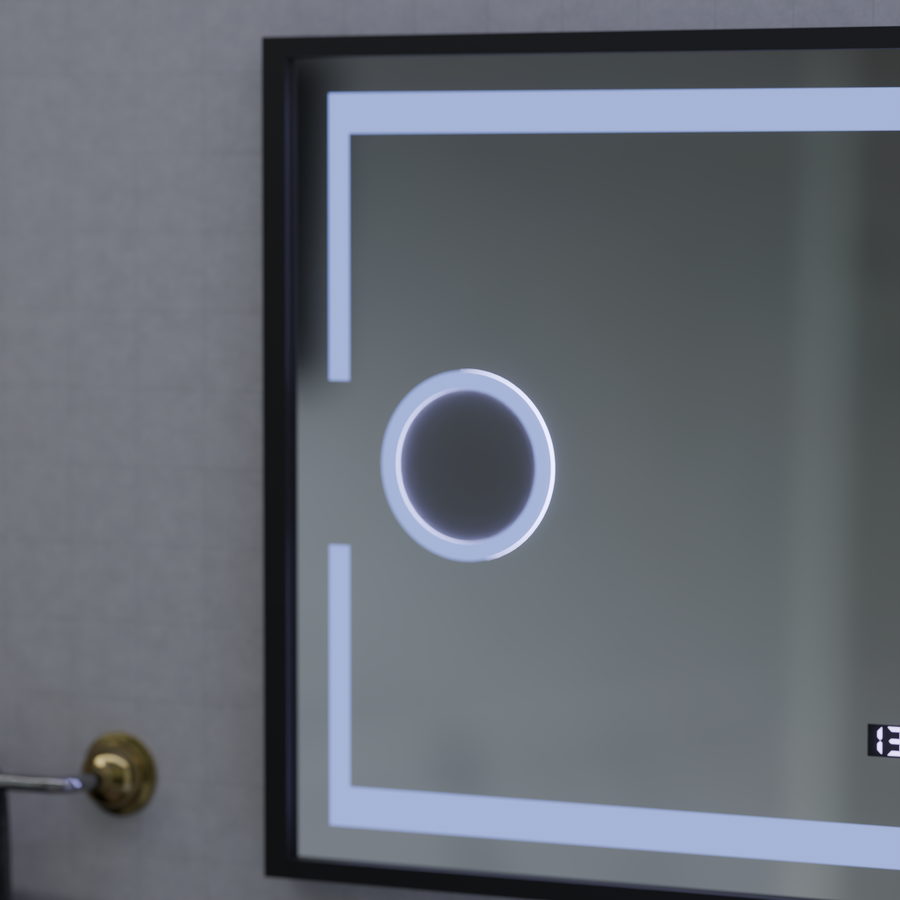 Domingo MotionGlow Sensor LED Mirror with Defog Function Thermometer Clock 120x65 cm Dimmable Cold/Warm/Neutral Light, Brushed Black Frame, Marcello Funghi collection