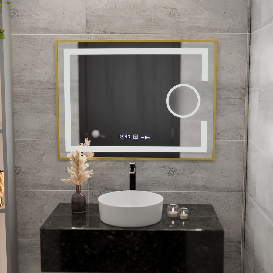 Rectangular LED mirror, 80x60cm, Eclat MotionGlow Marcello, Demisting System, Clock & Thermometer, Cosmetic Magnifier, Dimable, Brushed Gold Frame