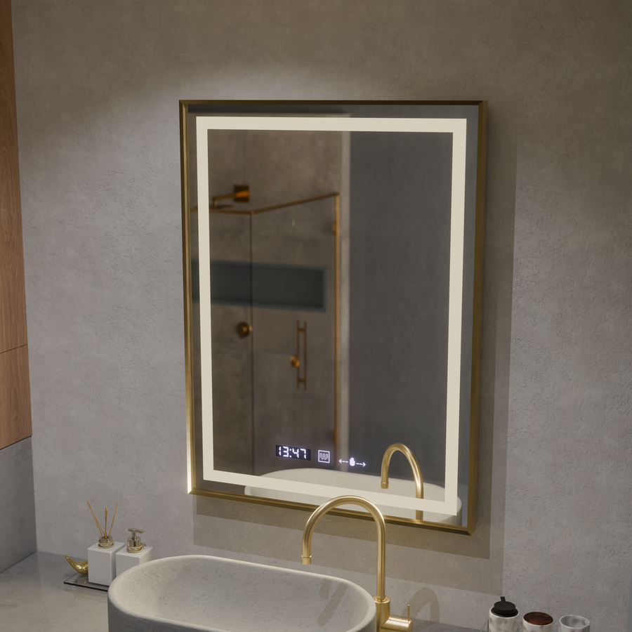 Rectangular LED mirror, 60x80cm, Verite Royale Gold MotionGlow Marcello, Demister System, Clock & Thermometer, Dimmable