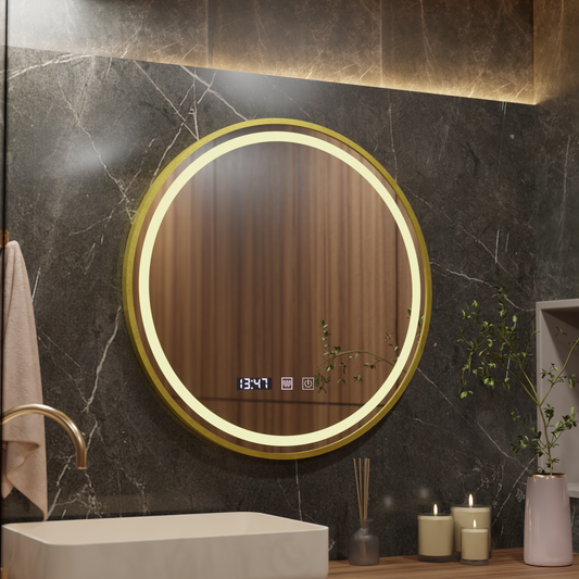 Mirror LED Touch LUSSO De-fogging System, Clock and Temperature 60 cm Brushed Gold Frame