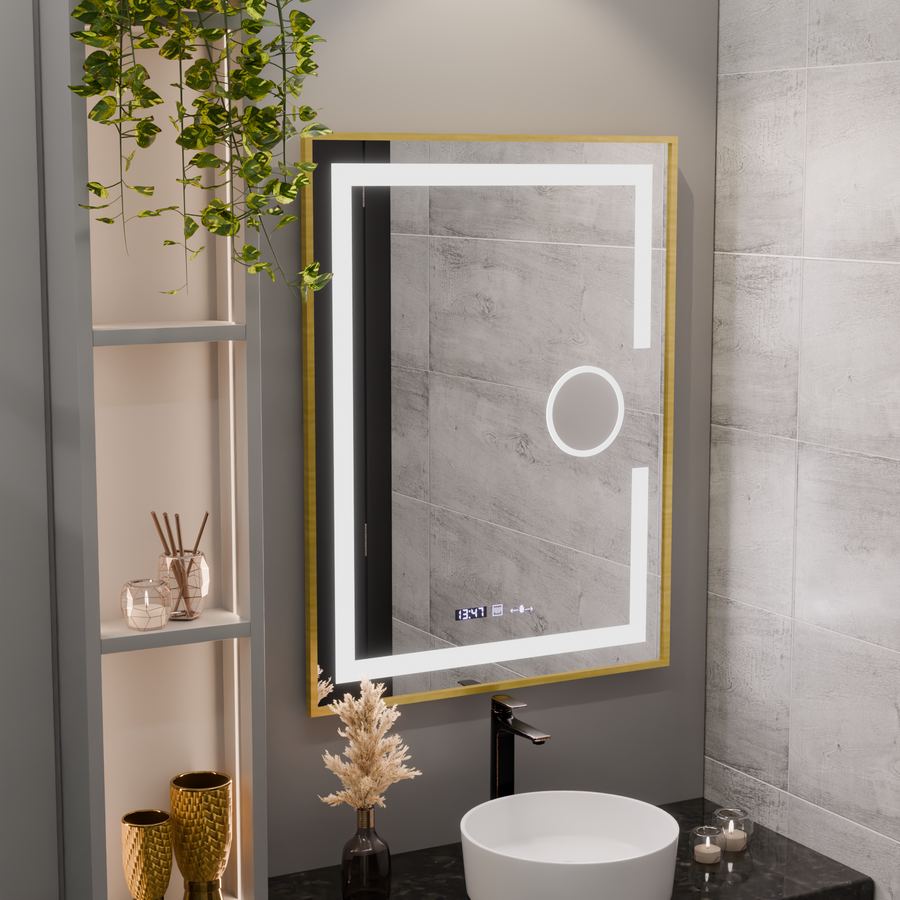 Rectangular LED mirror, 60x80cm, Eclat MotionGlow Marcello, Demister System, Clock & Thermometer, Cosmetic Magnifier, Dimable, Brushed Gold Frame