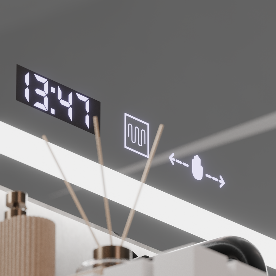 Rectangular LED mirror, 120x60cm, Verite MotionGlow Marcello, Demister System, Clock & Thermometer, Dimmable