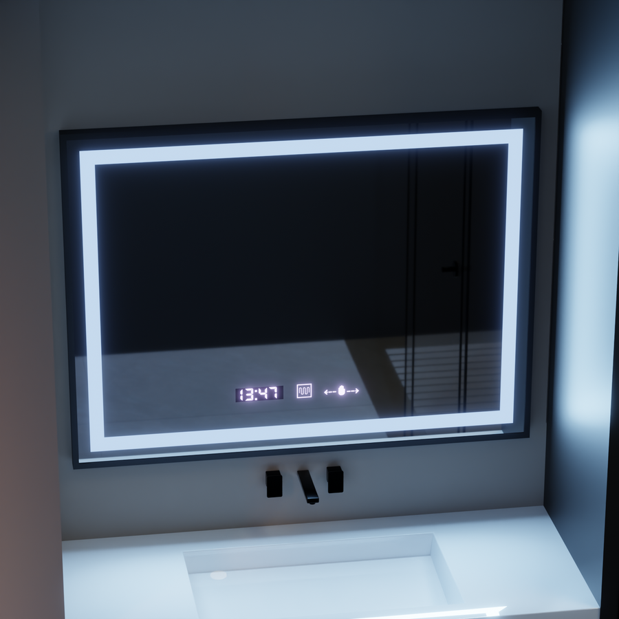 Rectangular LED mirror, 80x60cm, Verite Majeste Noir Motion Glow Marcello, Demister System, Clock & Thermometer, Dimmable