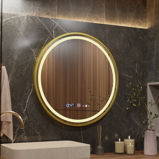 LED Mirror MotionGlow Sensor Faratya Defog System Thermometer and Clock Brushed Gold Frame Round Diameter 100 cm Dimmable Cold/Warm/Neutral Light Marcello Funghi Collection