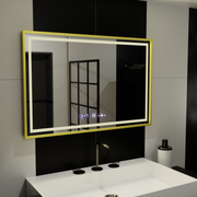 Rectangular LED Mirror, 100x65cm, Verite Royale Gold Motion Glow Marcello, Demister System, Clock & Thermometer, Dimmable