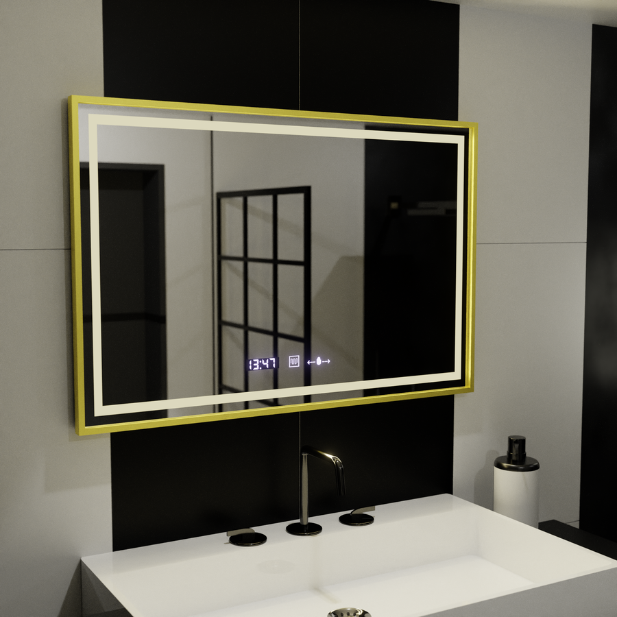 Rectangular LED Mirror, 100x65cm, Verite Royale Gold Motion Glow Marcello, Demister System, Clock & Thermometer, Dimmable