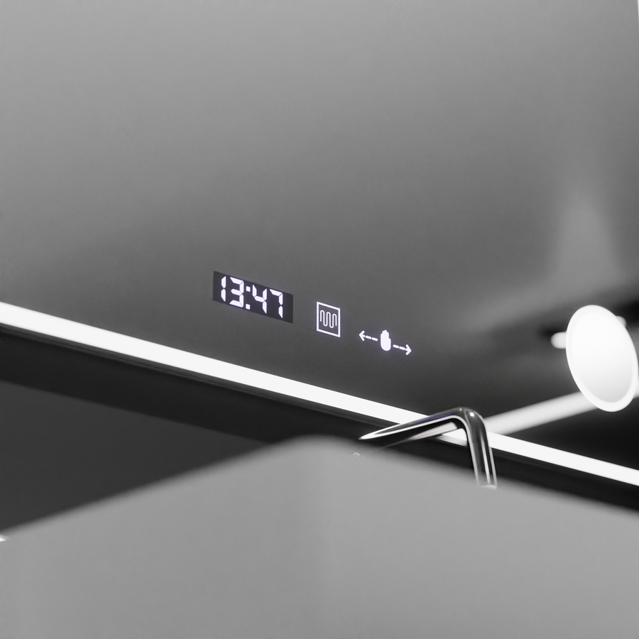 Rectangular LED mirror 120x80 Aura Riflesso Puro MotionGlow Marcello, Demister System, Thermometer and Clock, Dimmable