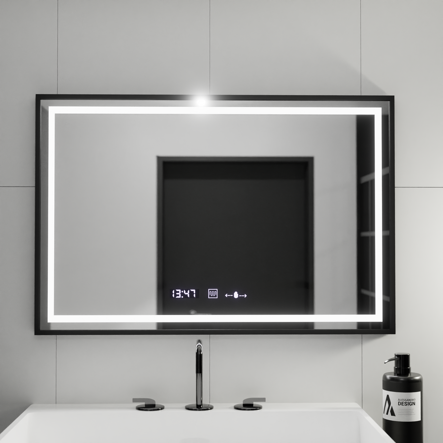 Rectangular LED mirror, 100x80cm, Verite Majeste Noir MotionGlow Marcello, Demister System, Clock & Thermometer, Dimmable