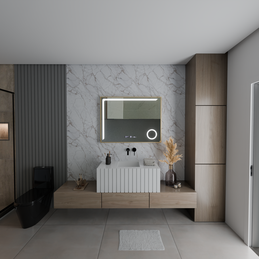 LED Mirror Sensor MotionGlow Rosalia 80x60 cm Warm/Cold/Neutral Light Dimmable Demister System Thermometer Clock Marcello Funghi Collection