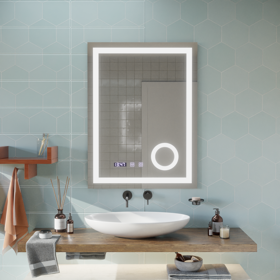 NIVERA LED Touch Mirror De-fogging System, Clock and Temperature 60x80 cm Cosmetic Magnifier