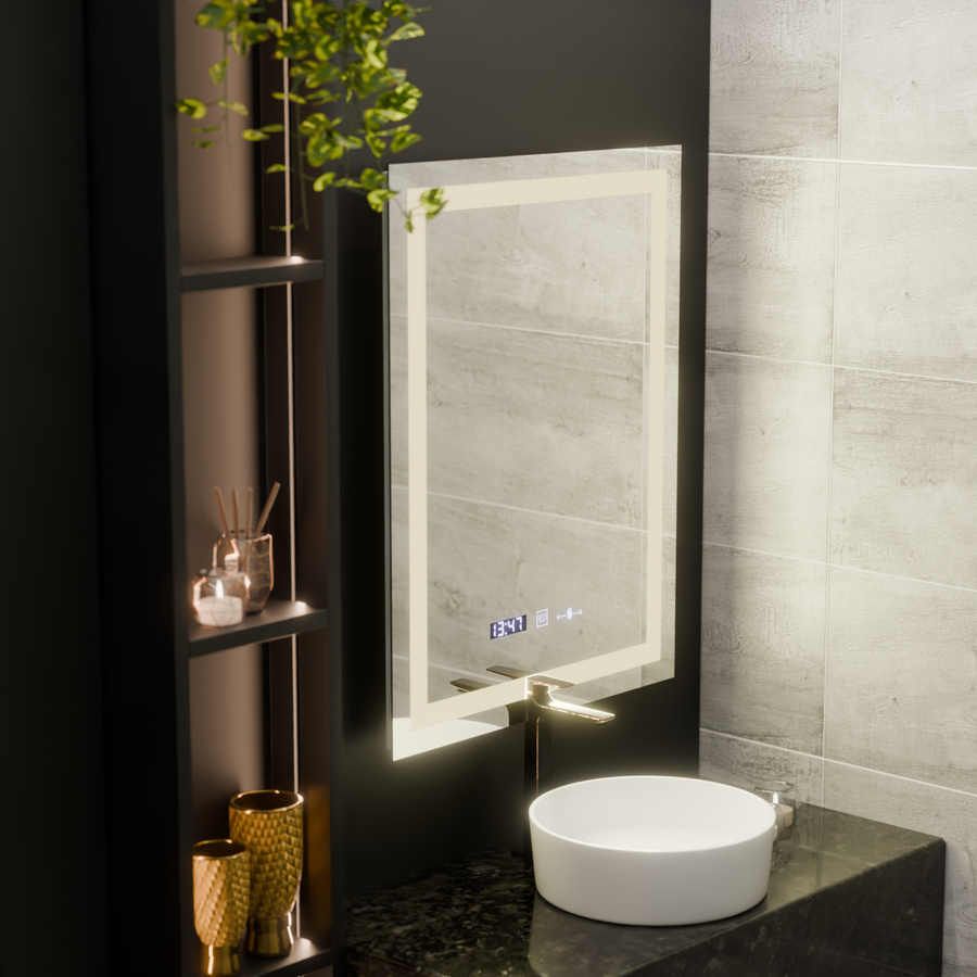 Rectangular LED mirror, 60x80cm, Verite MotionGlow Marcello, Demister System, Clock & Thermometer, Dimmable