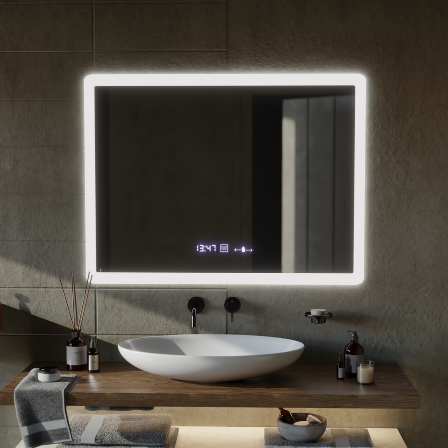 Rectangular LED mirror, 80x60cm, Zampa MotionGlow Marcello sensor, De-fogging system, Clock & Thermometer, Dimmable