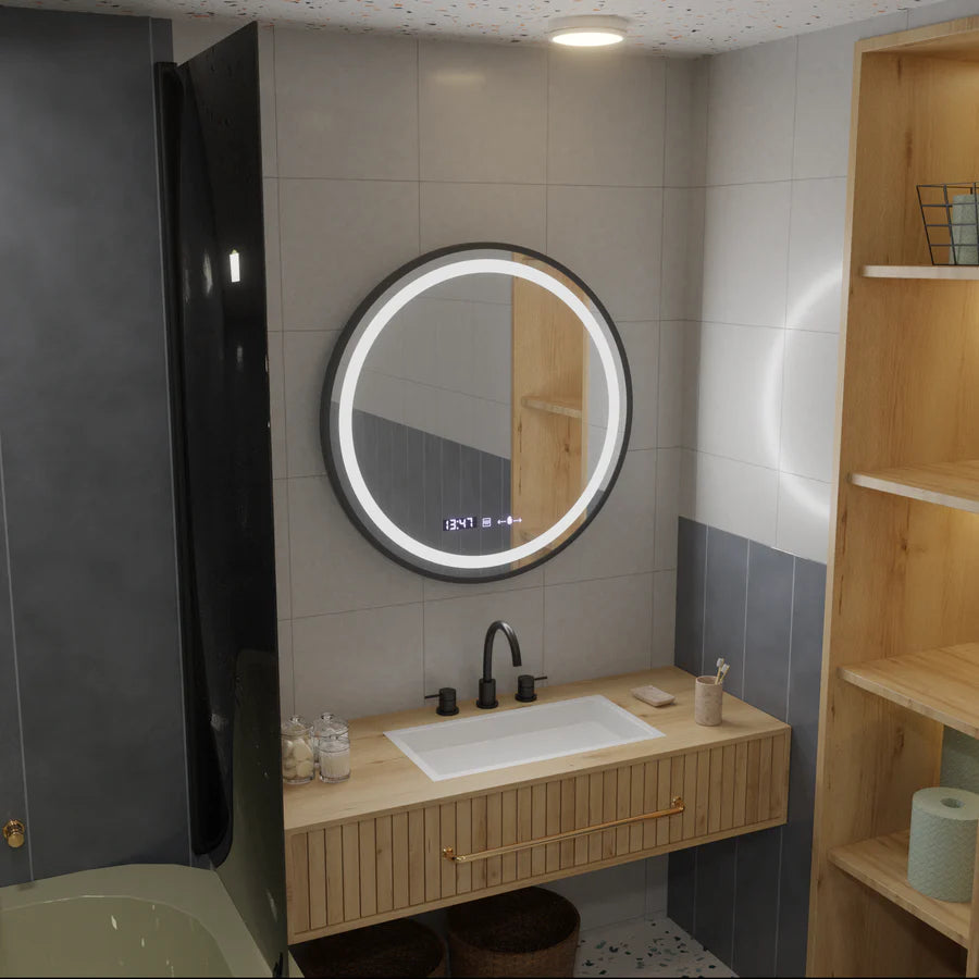 LED Round Mirror, 60cm, Celeste Majeste Noir Eleve MotionGlow Marcello, Demister System, Clock & Thermometer, Dimmable