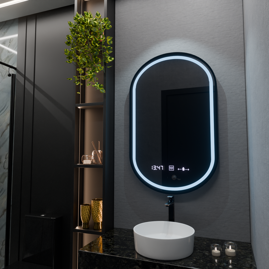 Oval LED mirror, 50x80cm, Alessia MotionGlow Marcello, Demister System, Clock & Thermometer, Dimmable