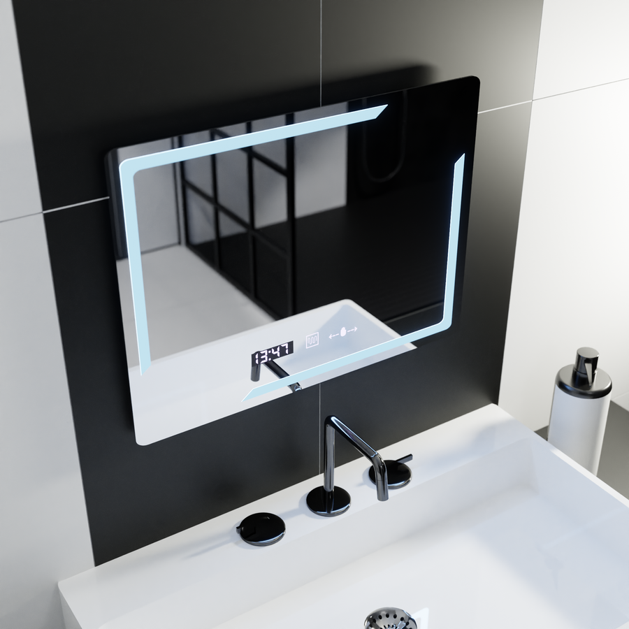 Rectangular LED mirror, 80x60cm, Rayonnement MotionGlow Marcello, Demister System, Clock & Thermometer, Dimmable
