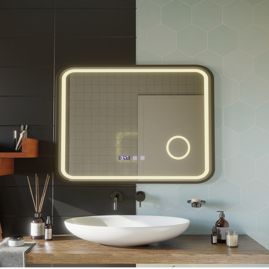Bernd Touch LED Mirror Defog System, Clock and Temperature 80x60 cm Brushed Black Frame Cosmetic Magnifier