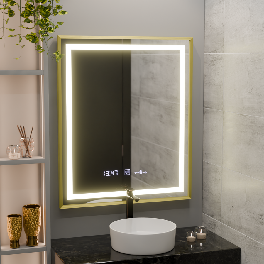 Rectangular LED mirror, 75x90cm, Verite Royale Gold MotionGlow Marcello, Demister System, Clock & Thermometer, Dimmable