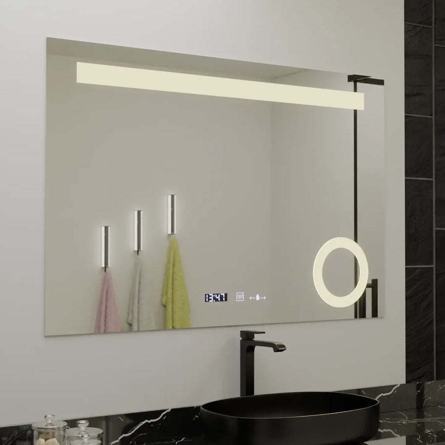 Rectangular LED mirror, 100x75cm, ABSOLU MotionGlow Marcello, Demister System, Clock & Thermometer, Cosmetic Magnifier, Dimable