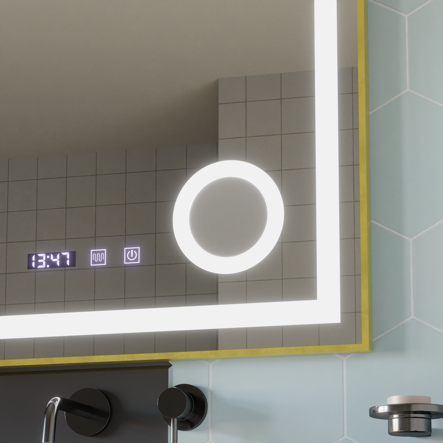 CLARUS Touch LED Mirror De-fogging System, Clock and Temperature 80x60 cm Brushed Gold Frame Cosmetic Magnifier