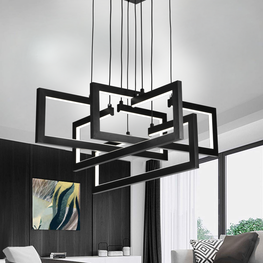 LED chandelier with remote control, Suspended 98W, 4 Elements, Cold/Warm/Neutral light, Dimmable, Adjustable height, Black