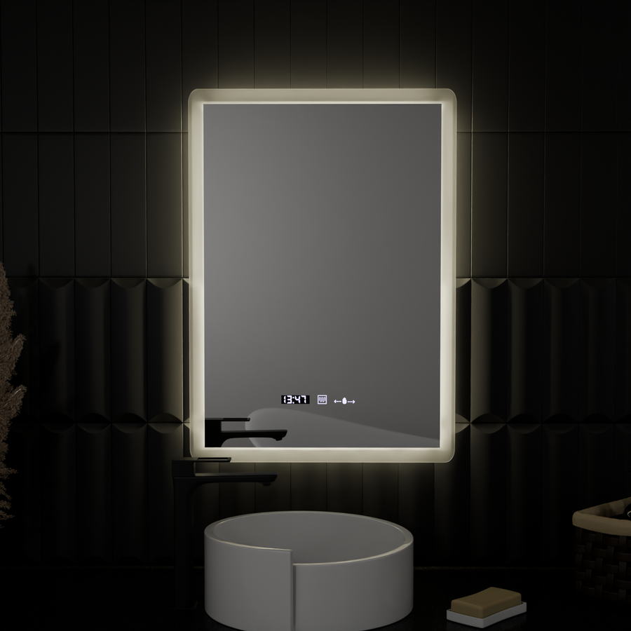 Rectangular LED mirror, 50x70cm, Zampa MotionGlow Marcello sensor, De-fogging system, Clock & Thermometer, Dimmable