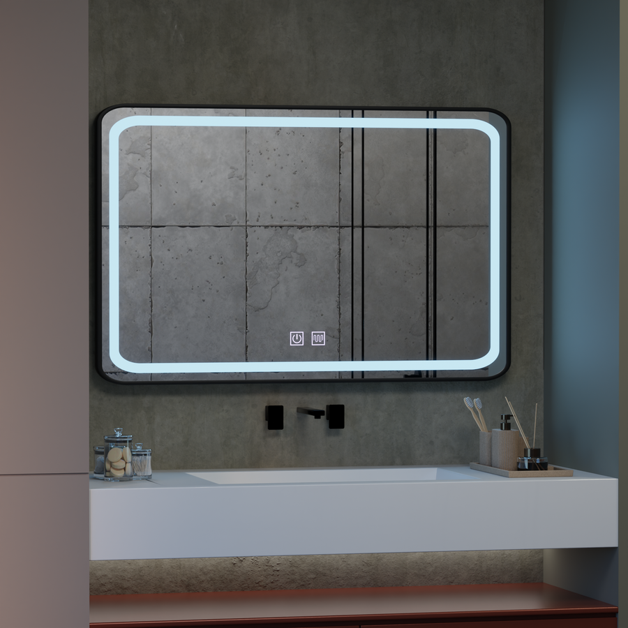 Rectangular LED Mirror 100x65cm – Edge LUMINOUS Touch Defog System, Black Frame