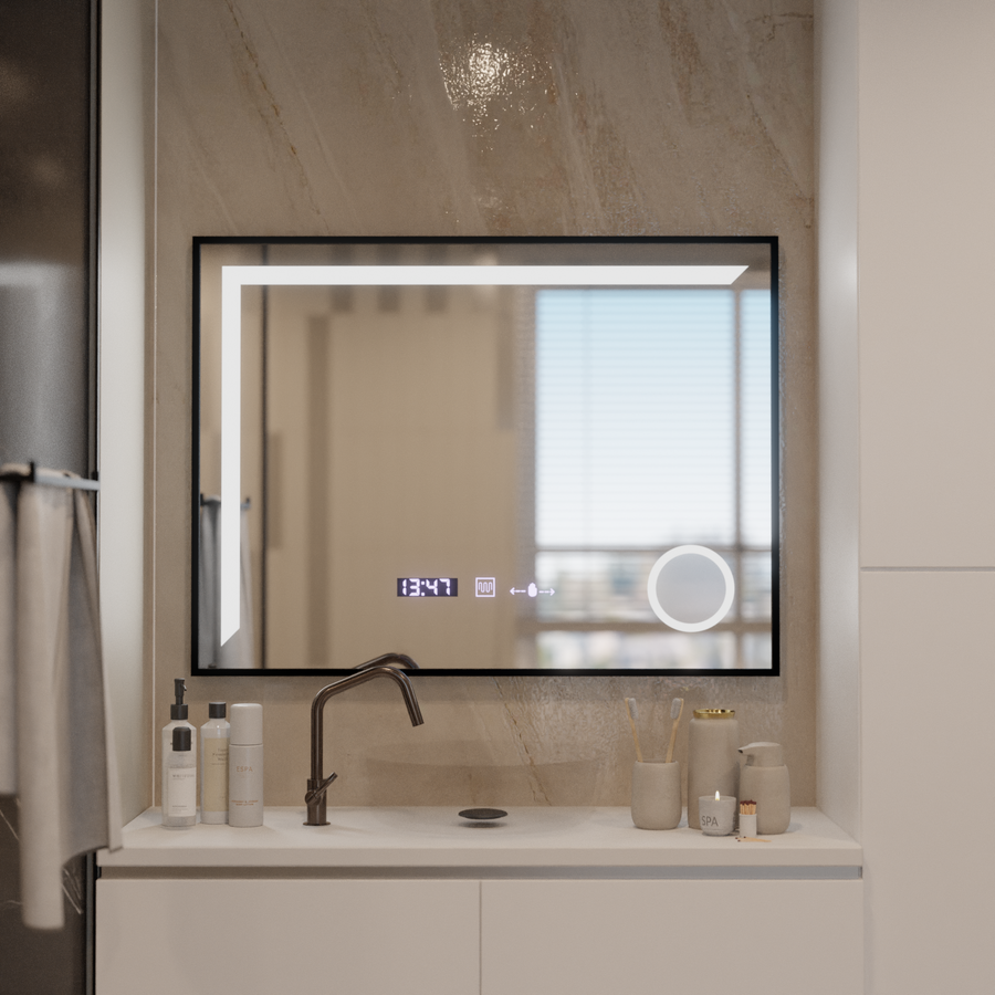 LED Mirror Francesca MotionGlow Sensor 80x60 cm Warm/Cold/Neutral Light Dimmable Frame Black Brushed Demisting System Thermometer Clock Marcello Funghi Collection