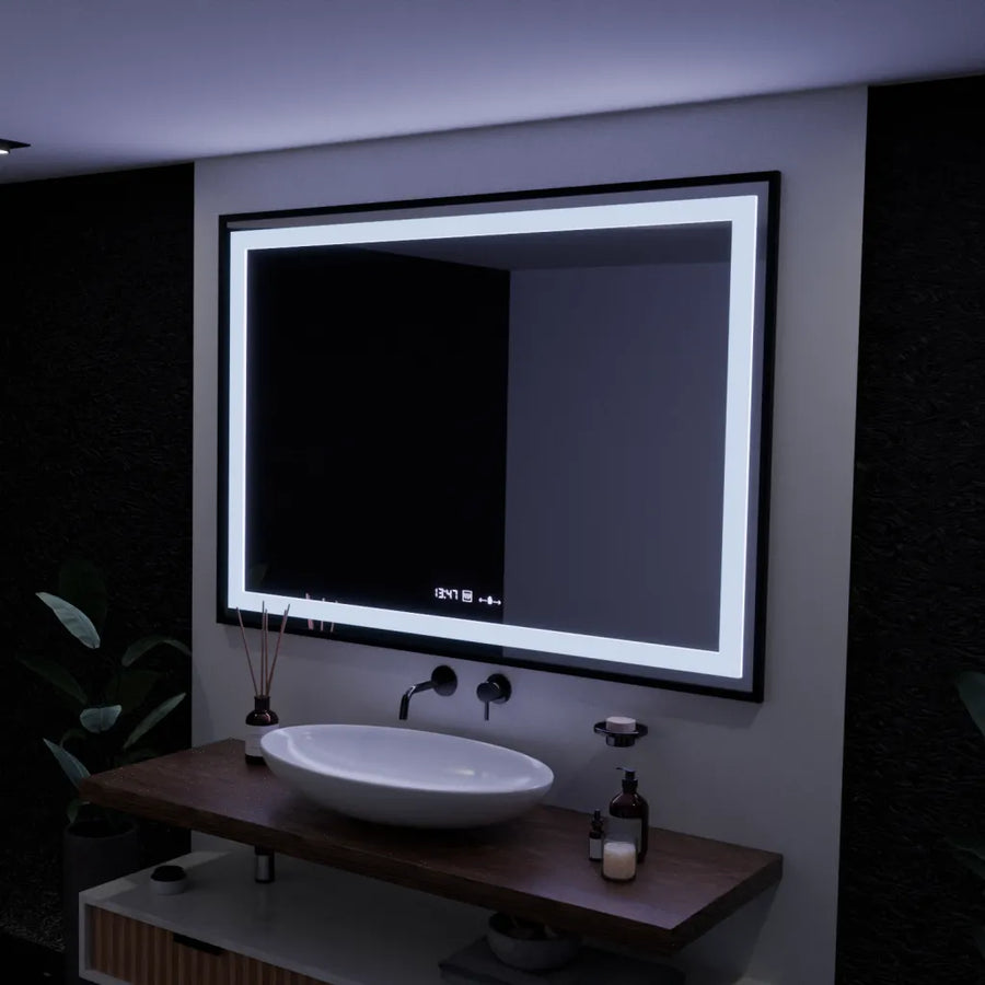 Rectangular LED Mirror, 100x70cm, Verite Majeste Noir Motion Glow Marcello, Demister System, Clock & Thermometer, Dimmable
